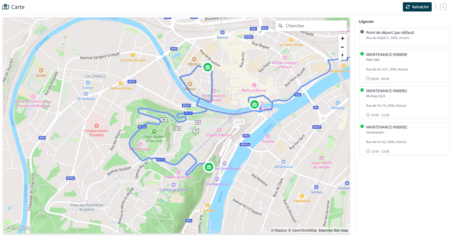 Carte d'une tournée optimisée avec points de passage